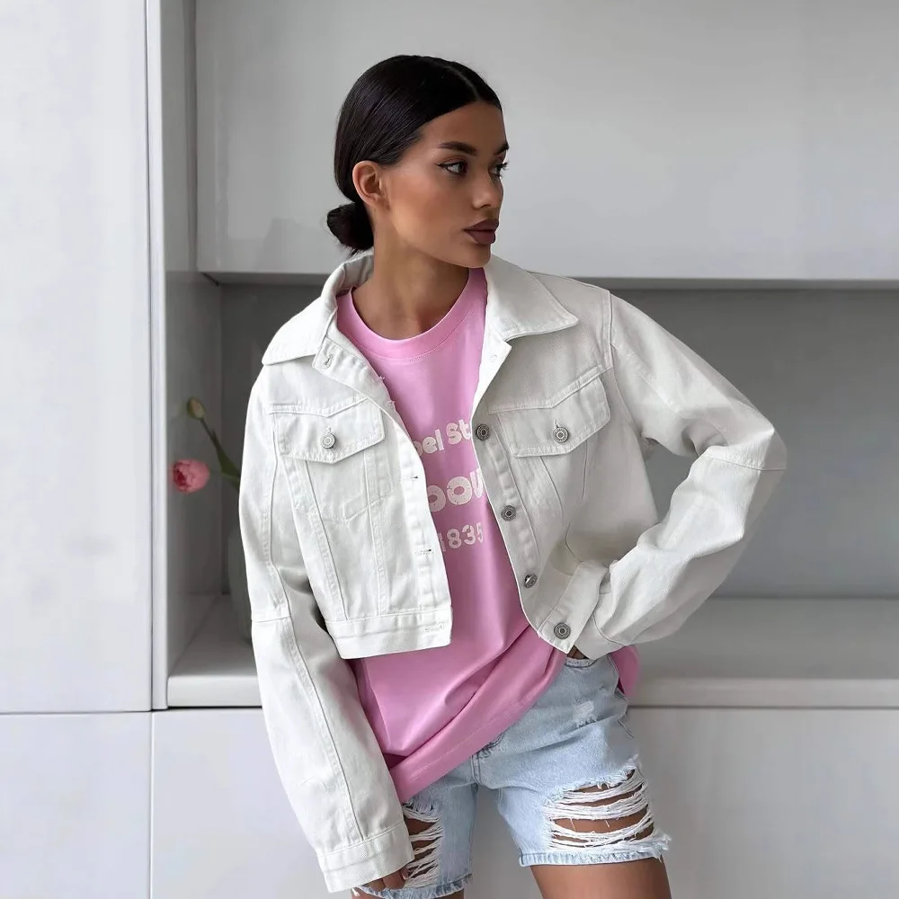 

Europe and The United States Solid Color Simple Short Long-sleeved Denim Jacket Female New Slim Casual Jacket Female