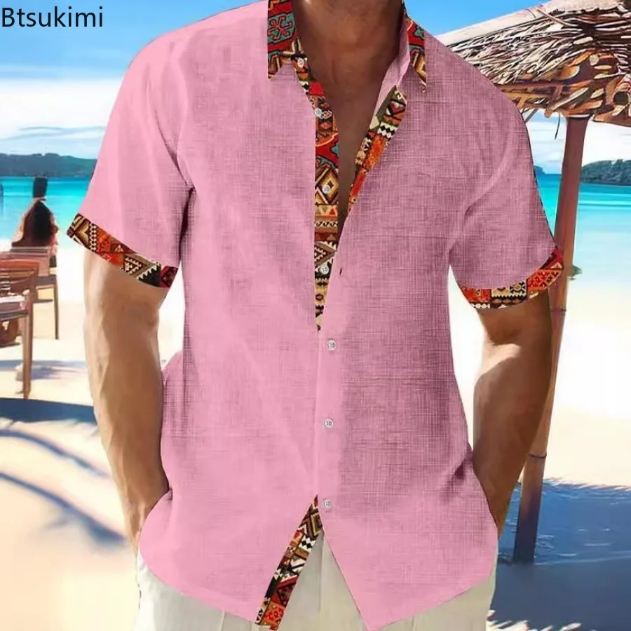 Camisa havaiana masculina para férias na praia, cardigã de lapela de manga curta, camisa casual solta, blusa de retalho, verão, 2024