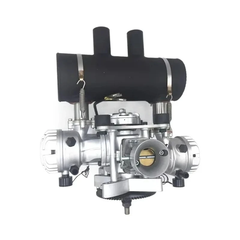 

двухцилиндровый двухтактный двигатель с водяным охлаждением, для авиамоделей самолетов с неподвижным крылом, с регулируемым объемом двигателя