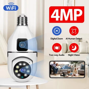 360 PTZ 듀얼 렌즈 전구 카메라, 사람 추적 CCTV 보안 모니터, 양방향 대화, 4MP, E27, 앱 V380, 와이파이, 1080P 나이트 비전