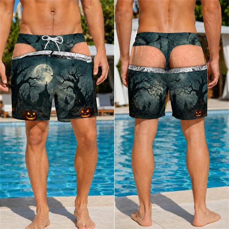 Lustige 3D-Shorts mit Haarigem Po-Print für Männer, Halloween-Muster, Neuartige Badehose, Schnelltrocknend, für Poolparty, Urlaub, Übergroße Shorts – Detail 7