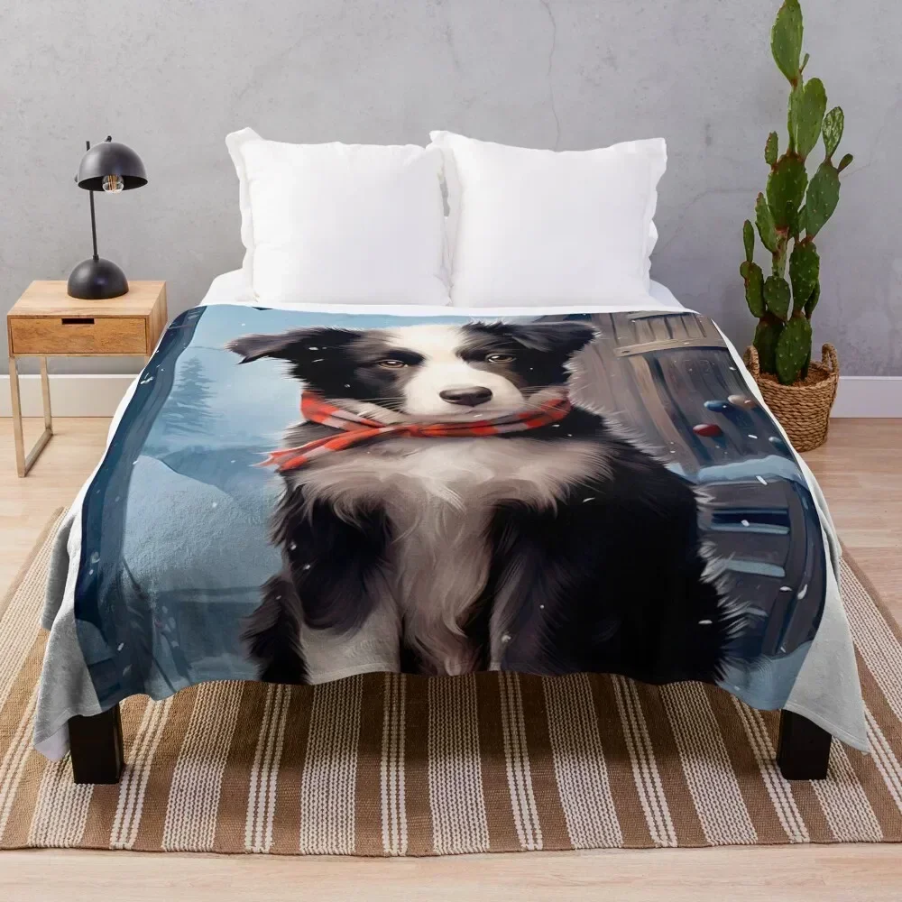 cute border collie puppy in winter for Christmas Throw Blanket blankets ands Soft Plush Plaid Personalized Gift Hairys Blankets