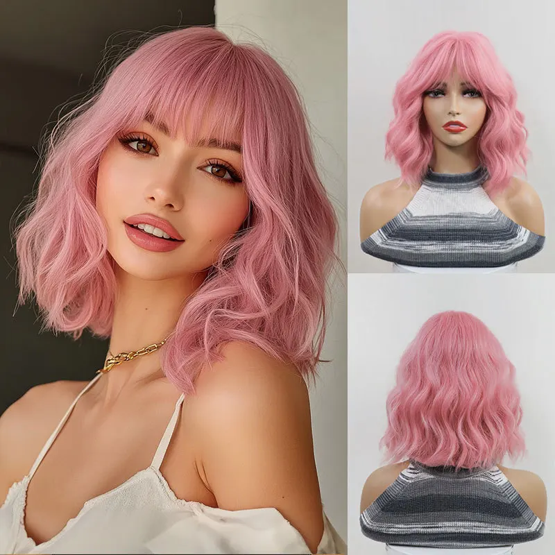

European and American new cos wig women's hot-selling models Qi bangs cute peach pink short curly hair Bob head full headgear