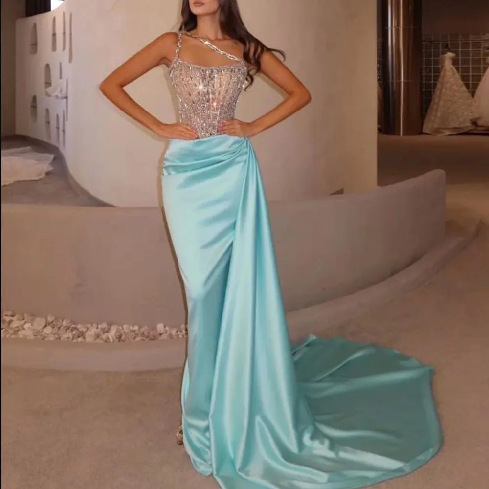 Vestidos de Noche personalizados, vestido de fiesta de un hombro, vestido de fiesta de sirena de cristal, tren desmontable, Vestidos de noche con diamantes de imitación