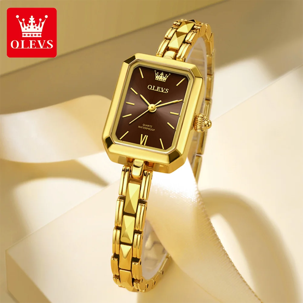 OLEVS 3691 Luxury Gold Women's Watch Retro Square Quartz Wristwatch Waterproof Elegant Ladies Dress Watch Fashion Bracelet Watch