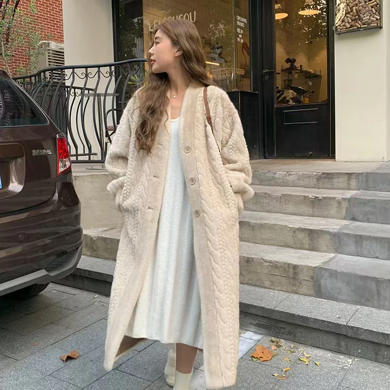 Women Fur Cardigan Thickened Long 2024Autumn Winter V-neck Jacket Female Loose Simple Leisure With Buttons Casual Faux Fur Coat