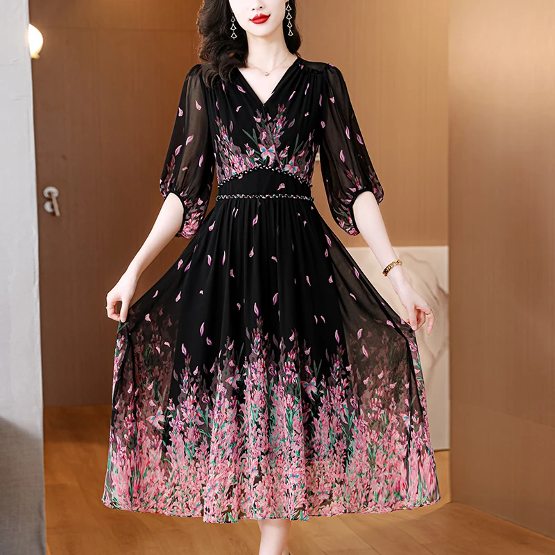 

Summer Black Silk Print Floral Luxury Evening Dress Women Korean Vintage Elegant Party Vestidos 2024 Fashion Bodycon Prom Dress