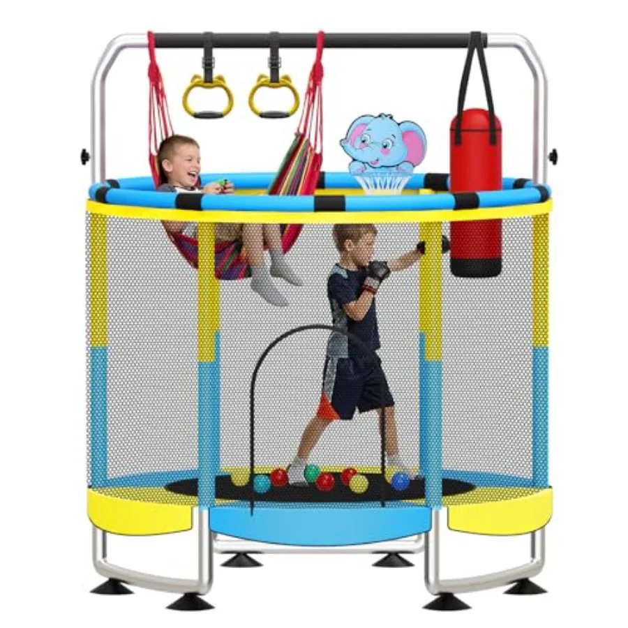 Indoor/Outdoor 55 ' Trampoline Steel Frame with Blue Padding 5-in-1 Design Featuring Adjustable Gymnastics Bar Toys for Ages 3-