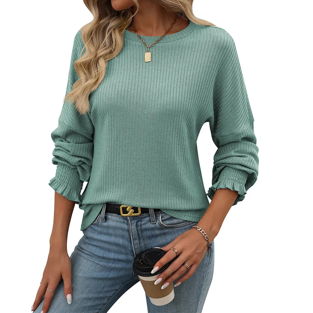 Womens Fashion Long Sleeve T Shirt Loose Casual Ribbed Knit Pullover Elegant Lettuce Edge Solid Color Basic Autumn Winter Top