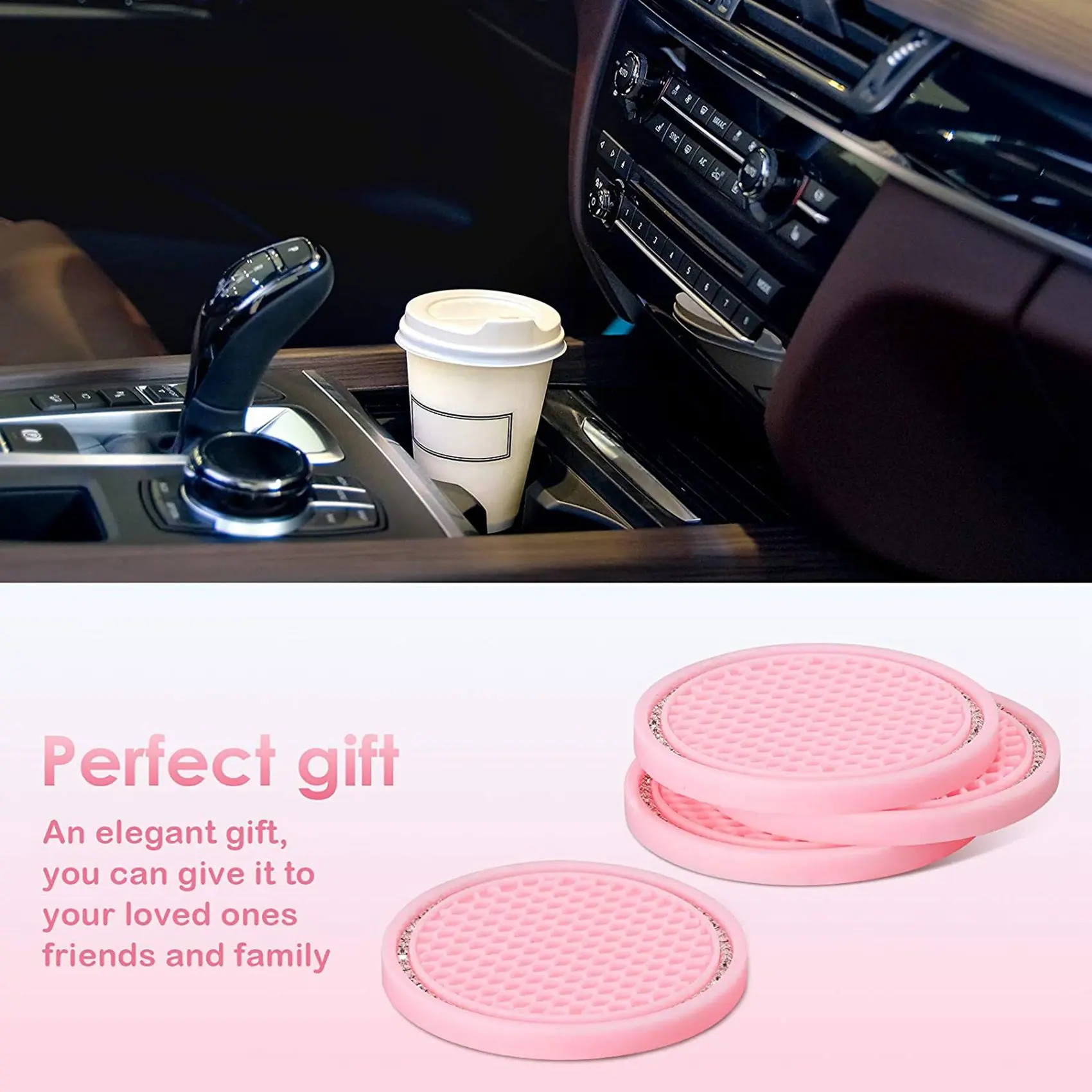 6Pcs Bling Car Coaster Cup Holders Rhinestone Car Insert Coaster Durable Anti Slip Silicone Car Coasters Universal Pink