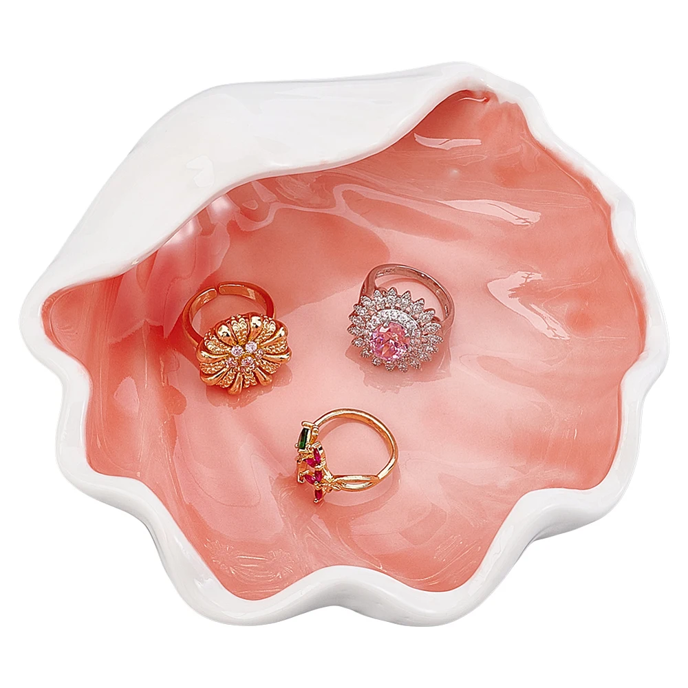 Shell Jewelry Ring Holder 5.3 Inch Cute Ceramic Decorative Trinket Dish Ocean-themed Seashell Tray Pink