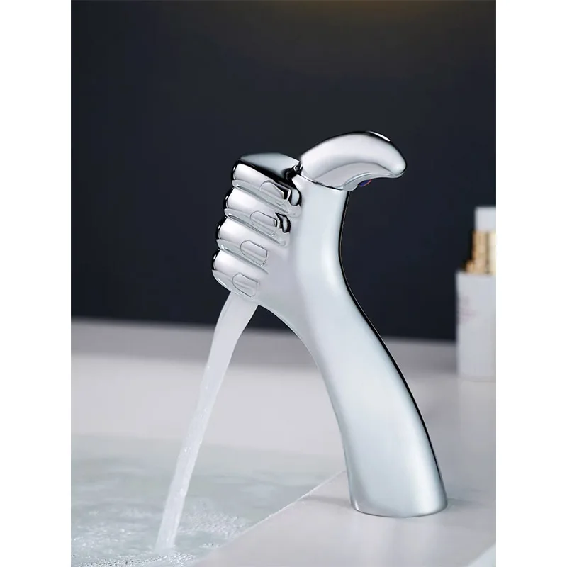 Brass Bathroom Basin Faucet Hot and Cold Water Faucet Silver Creative Single Hole Single Holder Mixer Tap