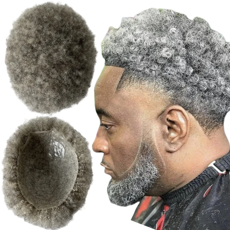 

Mongolian Virgin Human Hair Systems 4mm Afro 1b80 Grey Knotted PU Toupee 8x10 Skin Unit for Old Black Men