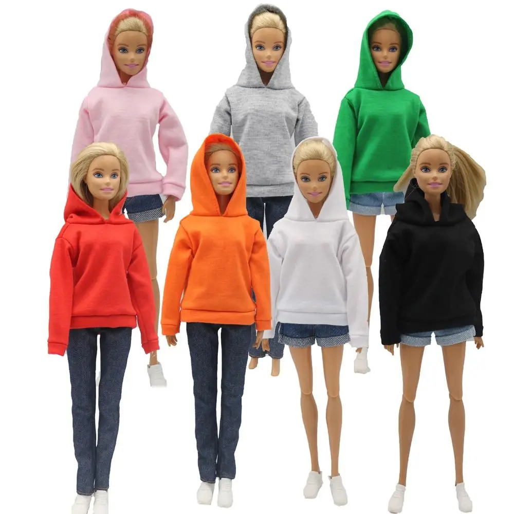 29cm Doll Clothes Sweatshirt short For Barbie Outfits 1/6 Dolls Accessories Solid Color Loose Hooded Sweater Denim Shorts Set