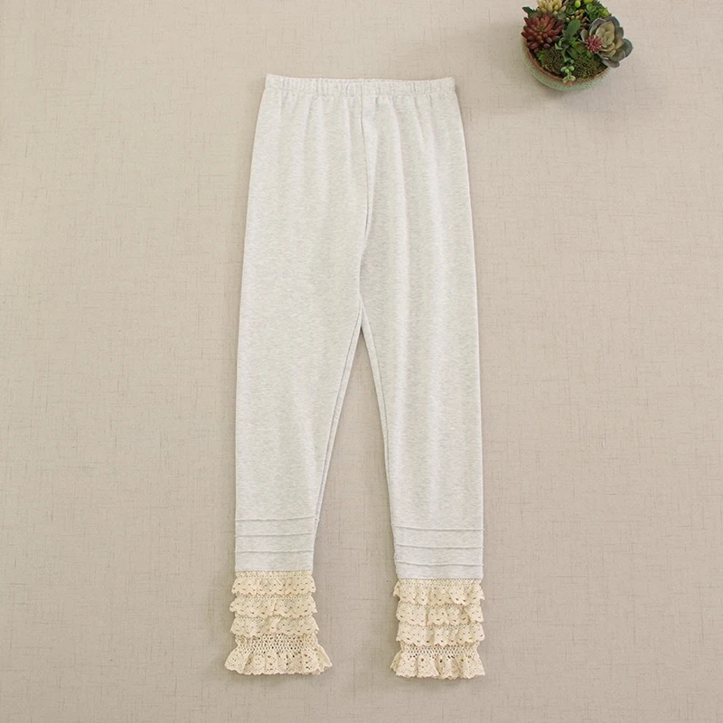 Sweet Mori Girl Solid Color Knitted Cotton Leggings Women Spring Autumn Elastic Waist Embroidery Multi Layer Hem Long Leggings