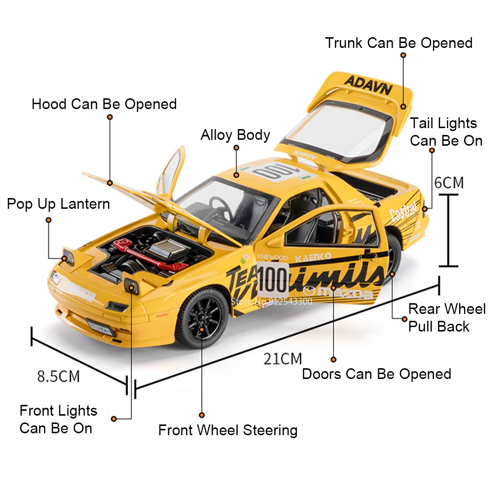 1:24 RX7-FC GTR R34 Modello di auto sportiva Giocattolo Corpo in metallo Suono Luce Tirare indietro Porte aperte Modelli supercar per i regali dei bambini