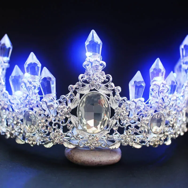 Srebrna duża tiara damska kryształowy kwiatowy nakrycie głowy Rhinestone rozświetlone korony z pałąkiem na głowę akcesoria do włosów festiwal ślubny boże narodzenie — zdjęcie 3