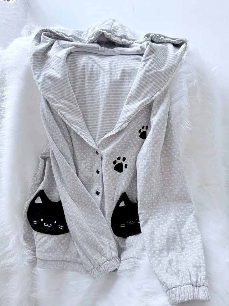 Double-Sided Fabric Little Black Cat Hooded Cardigan Sweatshirts Vintage Home Stay Cute Japanese Single-Breasted Loose Hoodies