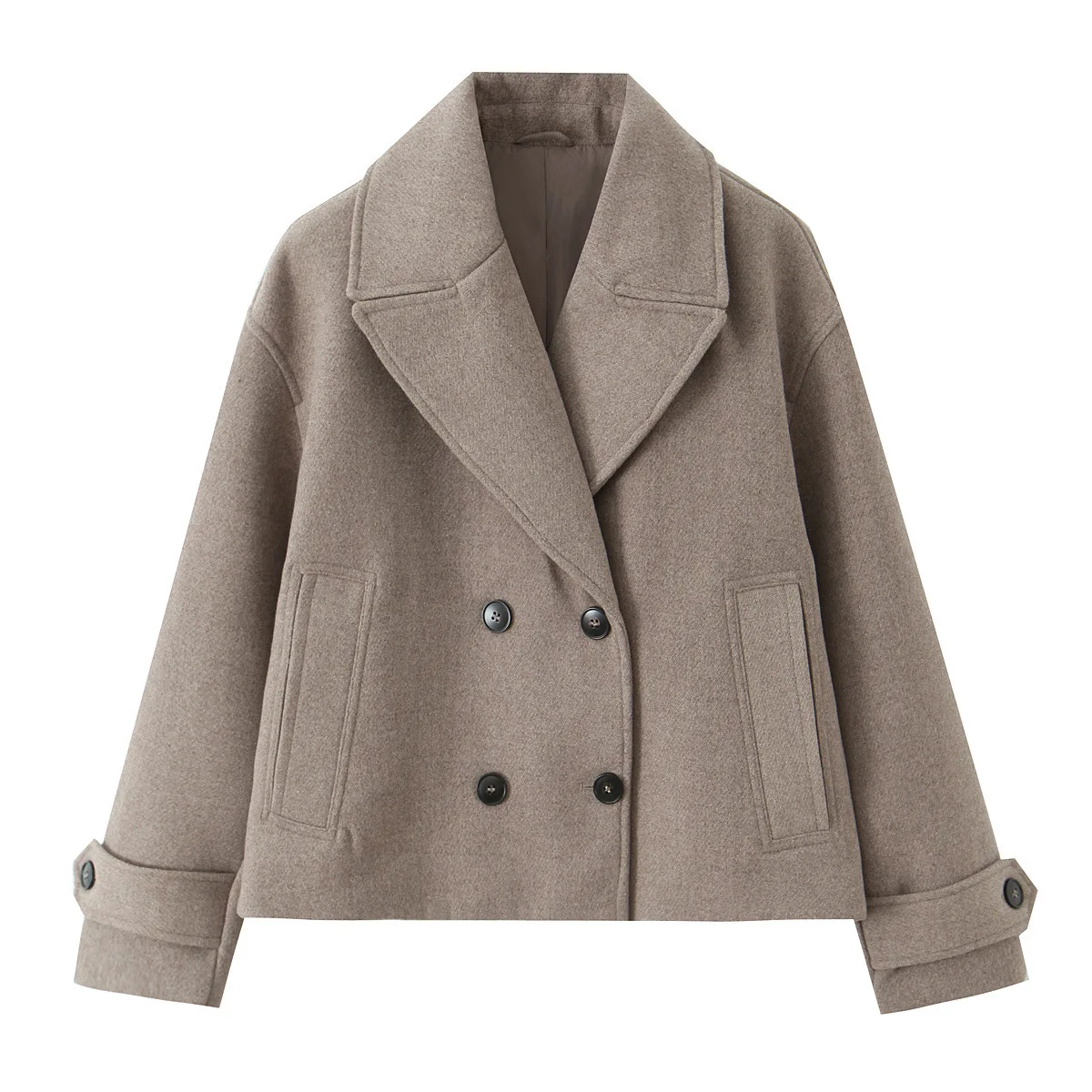 Women's Wool Blend Short Coat, Khaki/Dark Coffee Brown Lapel Collar Double-breasted Warm Wool Blend Short Coat For Winter 2025