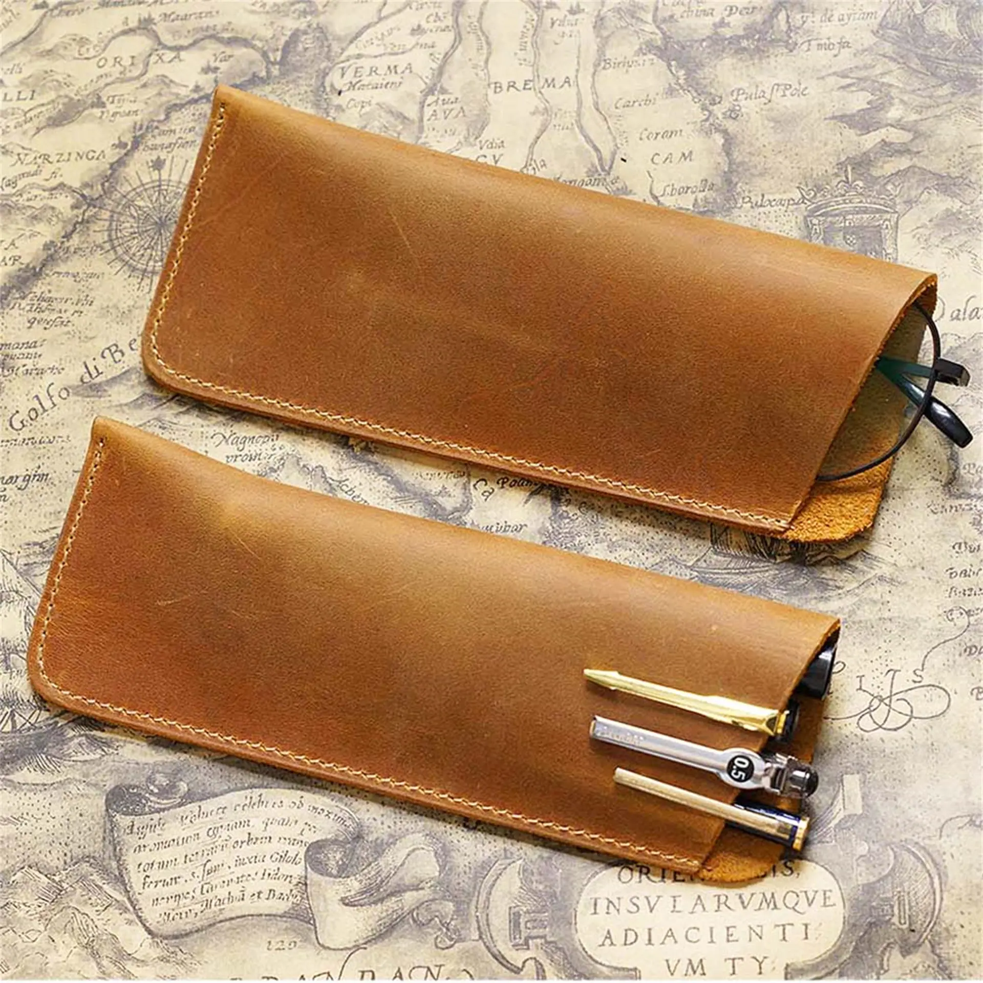 AIGUONIU Vintage Crazy Horse leather pen pouch simple pure handmade leather pen case men's and women's portable storage glasses