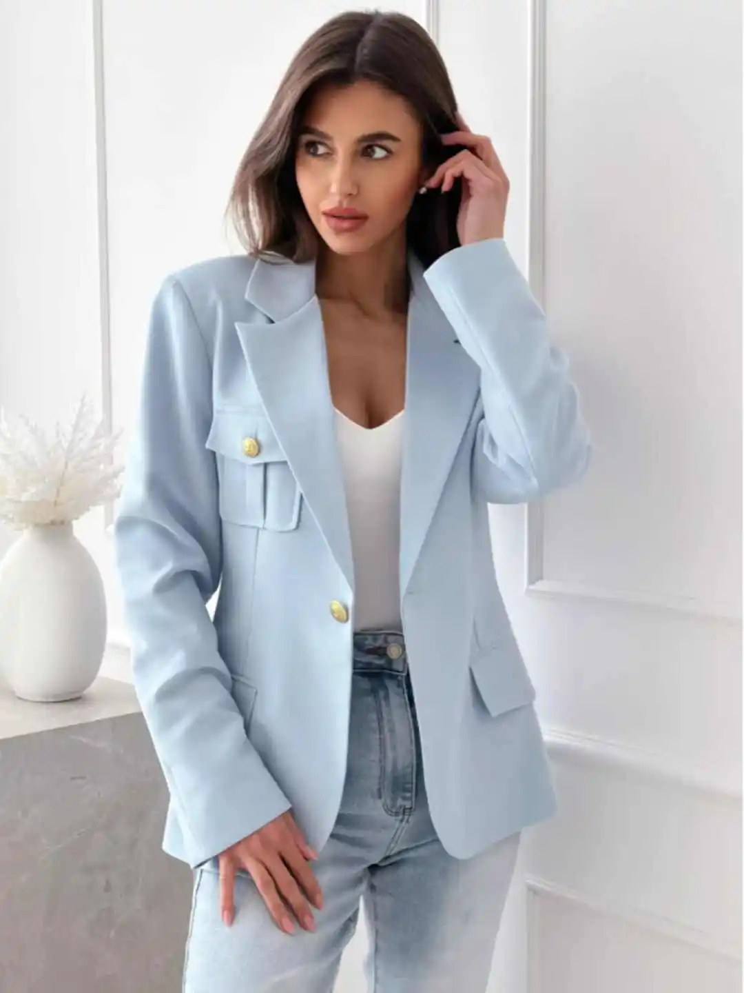 Casual Women Blazer Jacket Light Blue Multi Pocket Single Button Coat Loose Outfit For Daily Commute Office Dating Customized