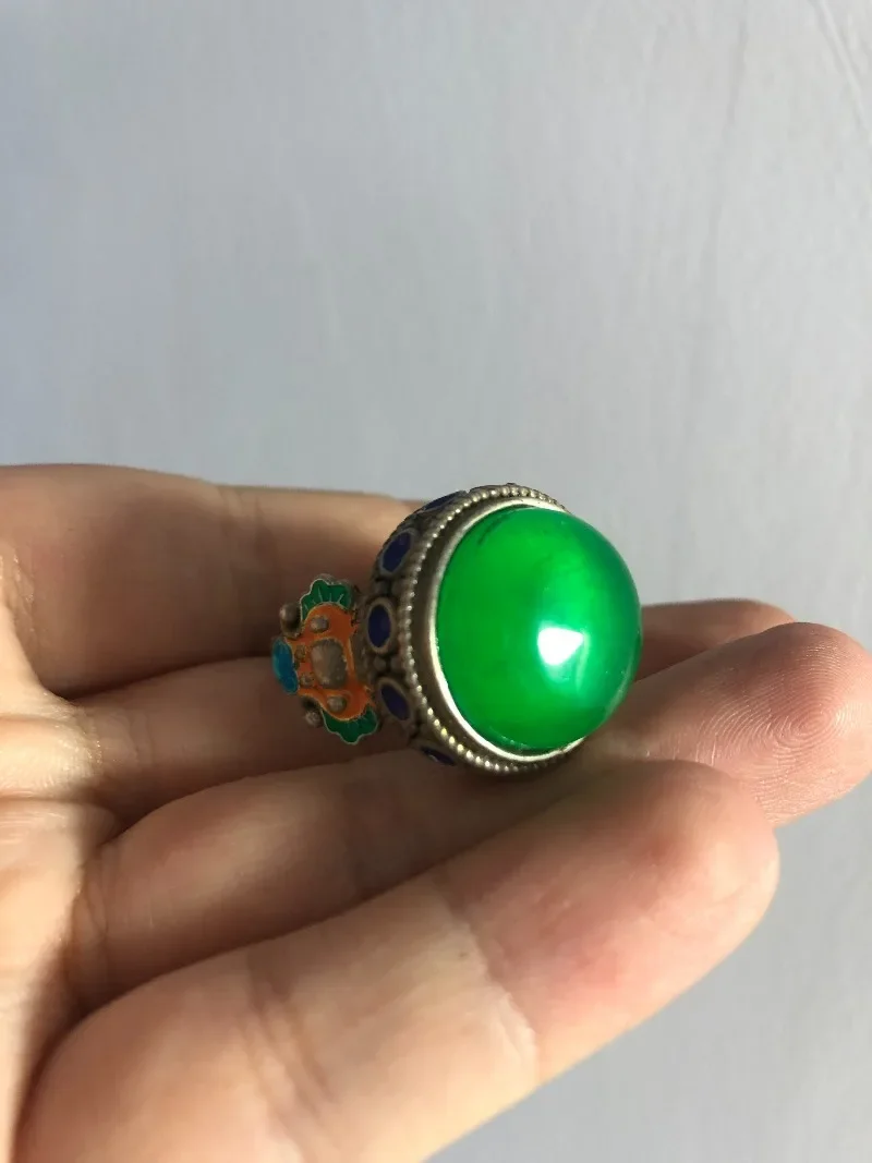 Vintage Carved Cloisonne Solid Silver Thumb Ring Inlaid Icy Old Jade Cabochon, Antique Collectible Adjustable Unisex Jewelry