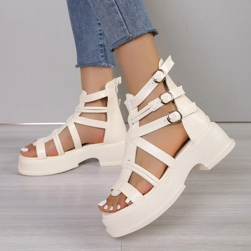 Fashion Shoes Female 2024 New Thick Heel Platform Women\'s Gladiator Sandals Summer Solid Color Simple Large Size Sandals Zapatos