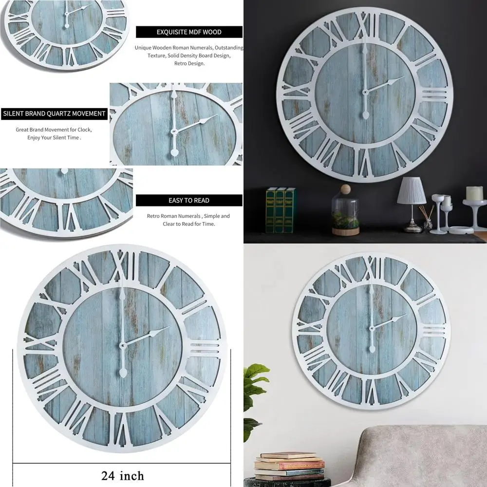 

Vintage 24 Round Silent Wall Clock, Black Metal & Wood, Modern Decor for Home, Bedroom, Kitchen, Garden, Office, Cafe