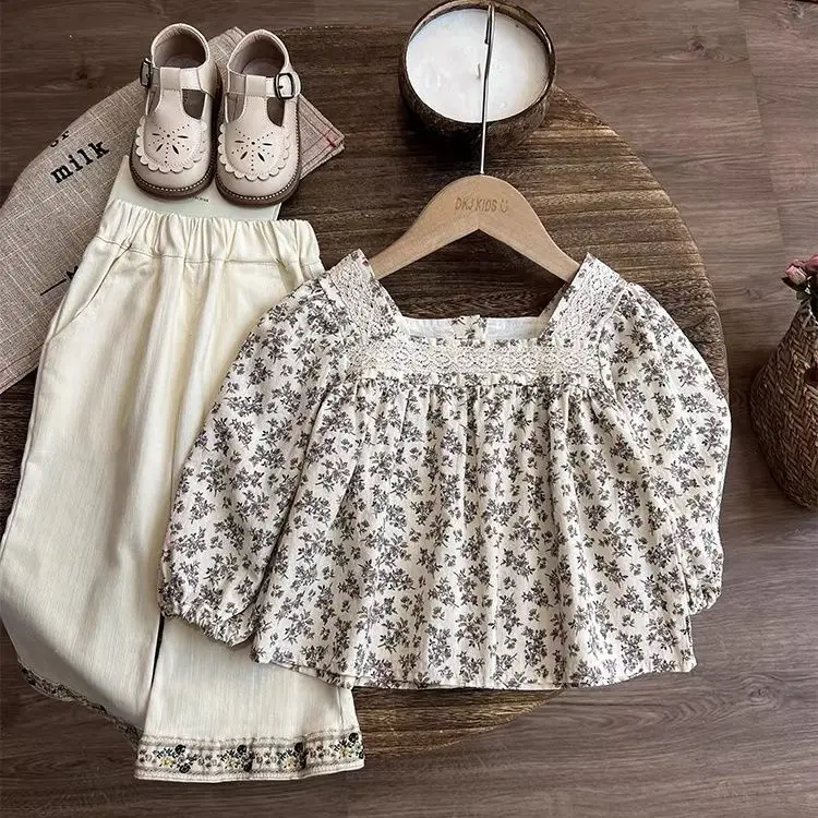 

Children's Sets Girls' new spring and autumn floral long-sleeved top + wide-leg trousers suit two-piece set Loungewear Outfit
