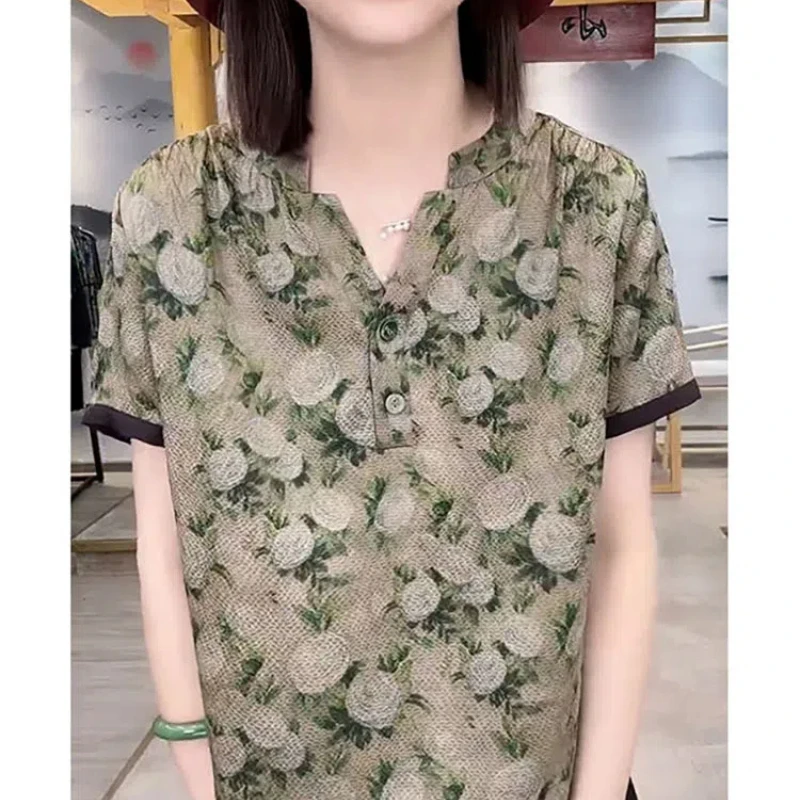 2024 New Summer Korean Version Elegant and Fashionable Short Sleeved Blouses Loose V-neck Printed Patchwork Women\'s Shirt Top