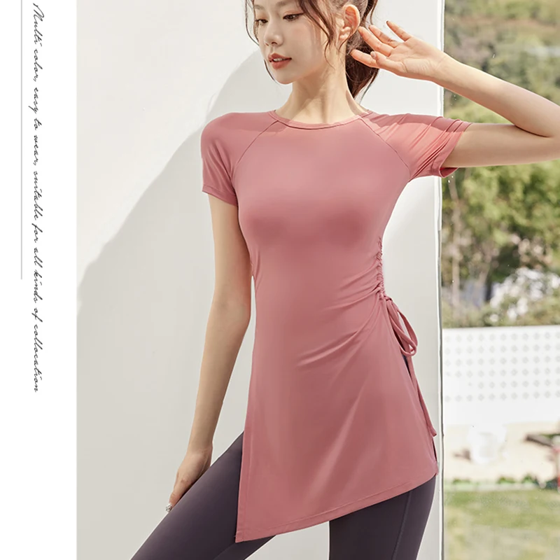 Women Loose Yoga Shirt Short Sleeve Sports Shirt Side Pleats Workout Running Top Sexy Gym Yoga Wear Push Up Exercise Top