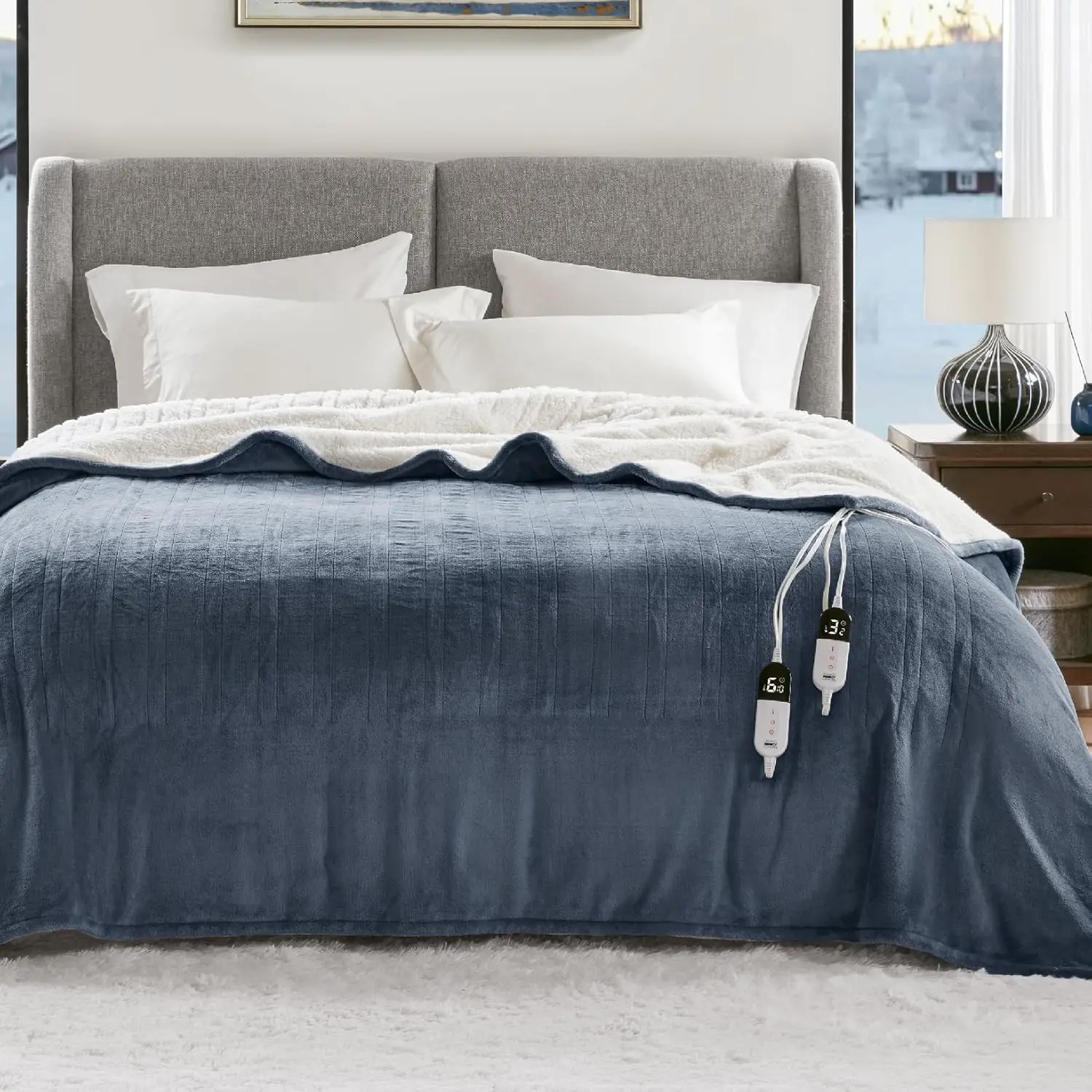 

Queen Size Electric Heated Blanket with Dual Control, 6 Heat Settings, Auto Shut-Off & Overheat Protection - Blue