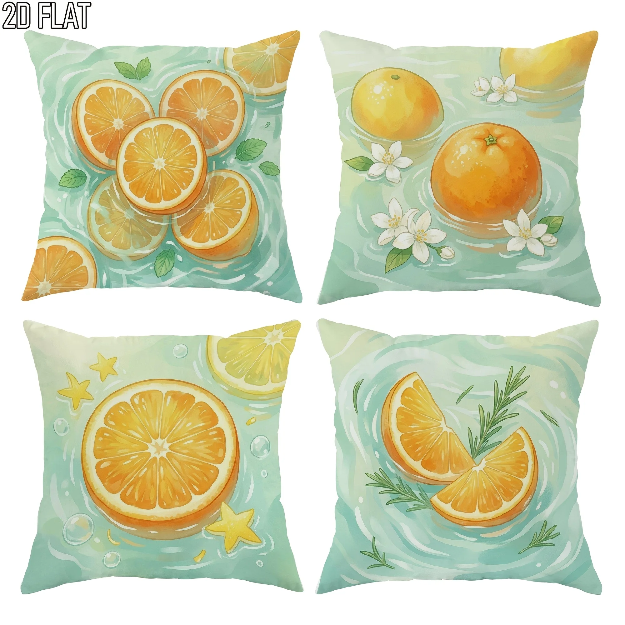 Set of 4 Decorative Throw Pillow Covers with Bright Citrus Fruit and Floral Design for Patio or Sofa