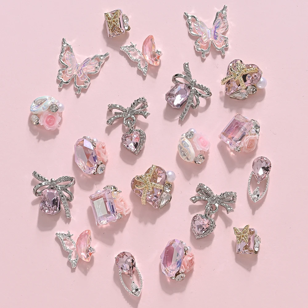 20/22Pcs 3D Luxury Alloyเล็บCharms 10 รูปร่างผีเสื้อ/หัวใจ/โบว์/ดอกไม้Y2Kตกแต่งเล็บDIYเล็บRhinestonesอุปกรณ์เสริม