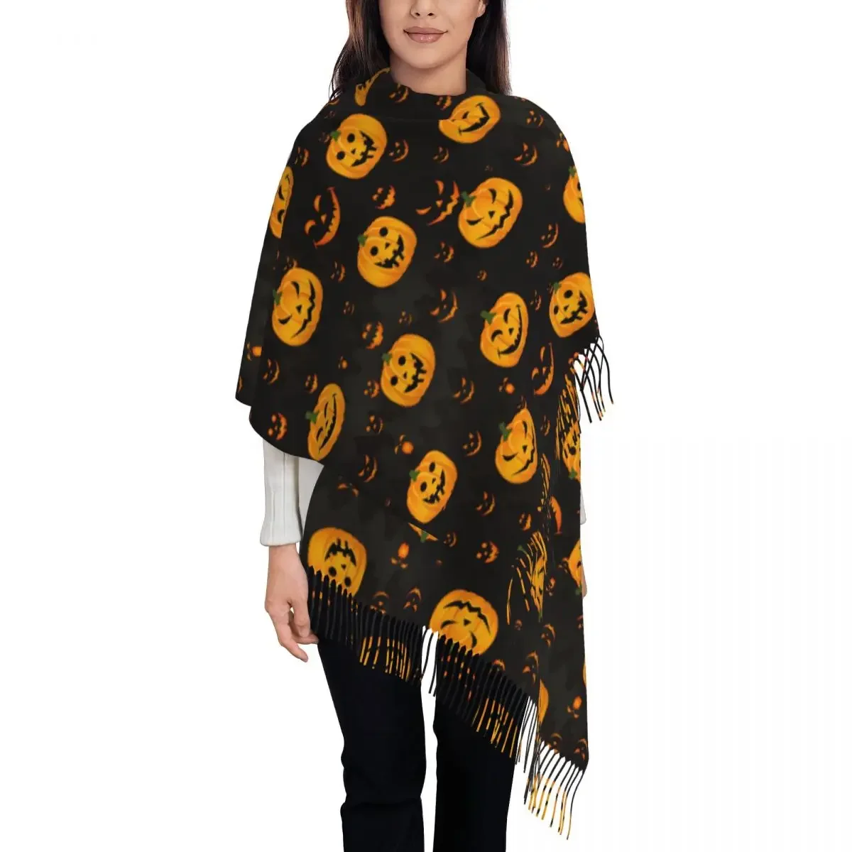 Horror Halloween Shawl Wrap for Ladies Warm Large Long Scarf Pumpkin Scary Face Pashmina Tassel Scarves