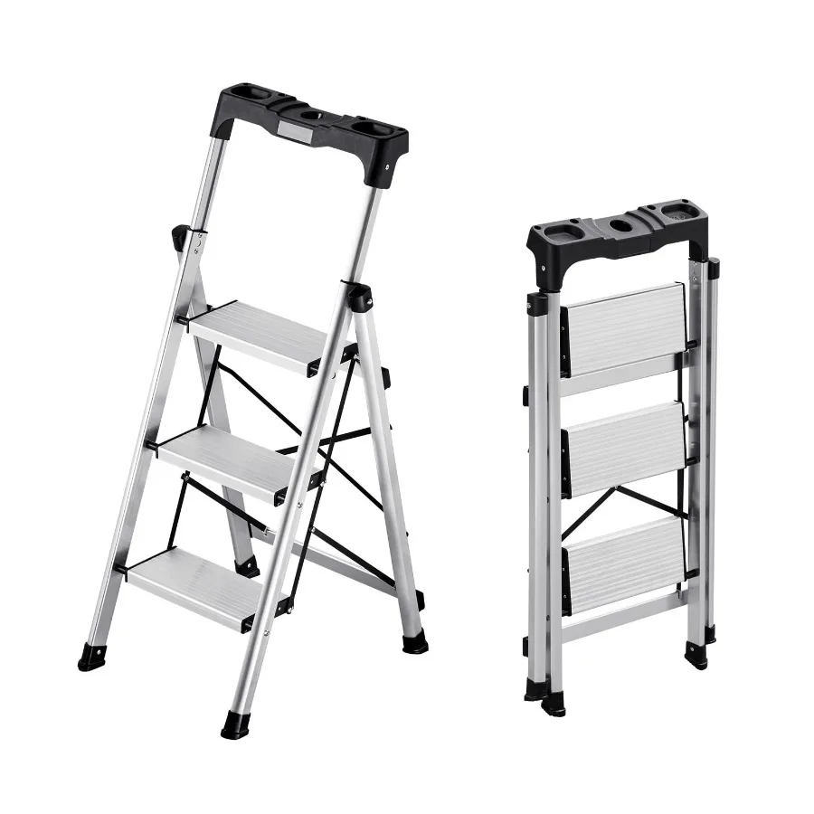 Escalera Plegable de 3 Peldaños, Taburete de Aluminio Portátil con Pedales Anchos Antideslizantes y Agarre Cómodo, Capacidad de Carga de 330 lbs