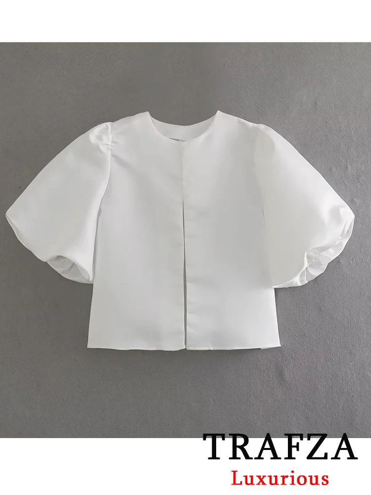 TRAFZA Vintage White Satin Blouses Women Short Puff Sleeve O Neck Tops Female Fashion 2024 Summer Elegant Silky Shirts Office