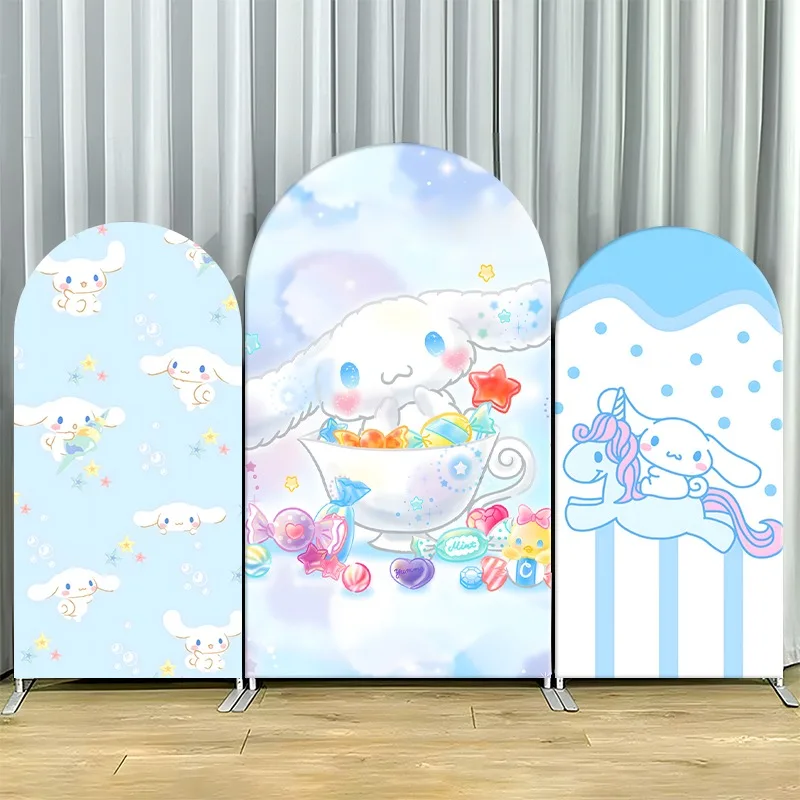 Housse de toile de fond 2D à arche plate, simple couche, en tissu non extensible, motifs Cinnamoroll pastel, pour décoration de fête avec motifs mignons