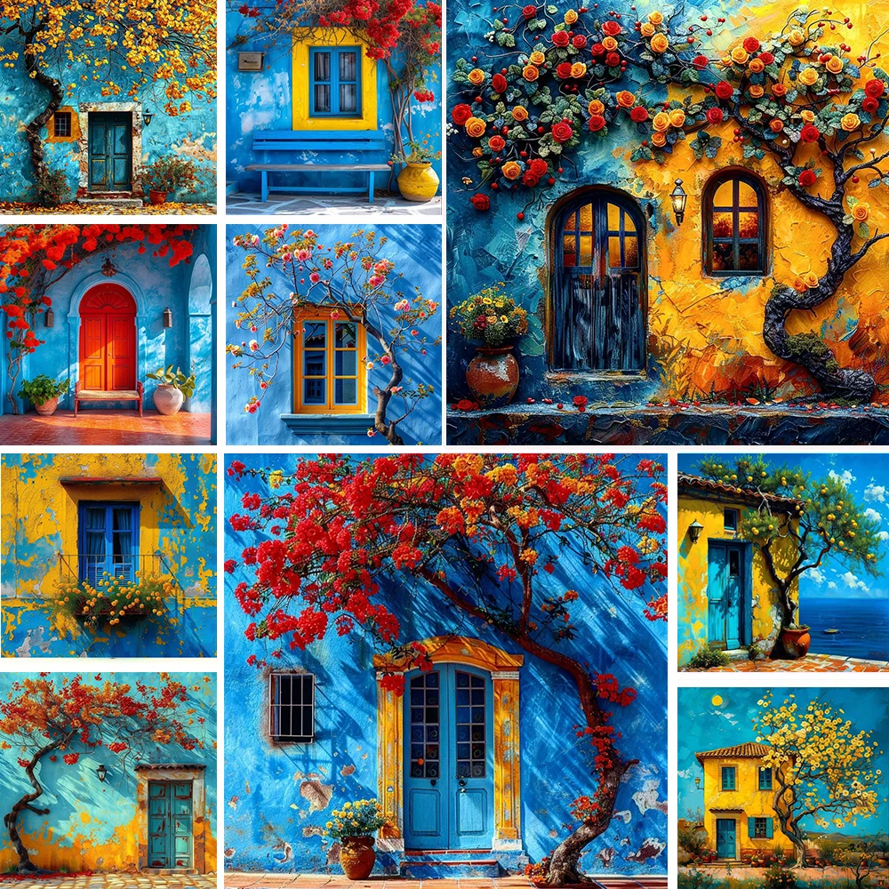 

Traditional Mediterranean House Fence Decorated With Blooming Flowering Tree Art Posters Blue Aesthetic Canvas Painting Decor