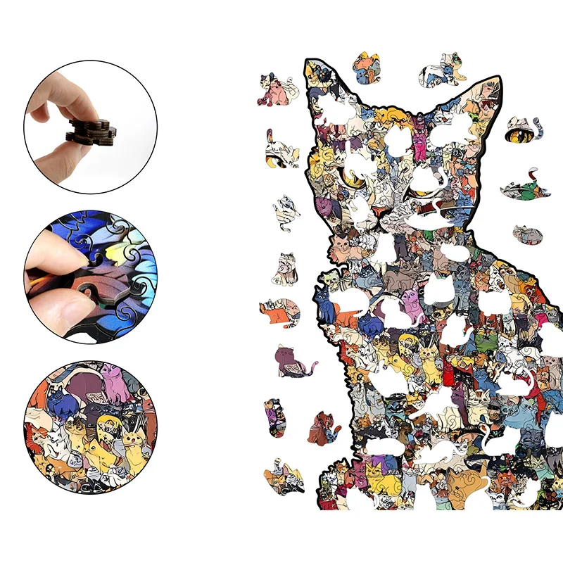 194 elementy Drewniane Puzzle Kocie Puzzle Nieregularne Elementy Układanka Gra Prezent na Urodziny Boże Narodzenie dla Miłośników Kotów Skarbonka Dekoracja Domu