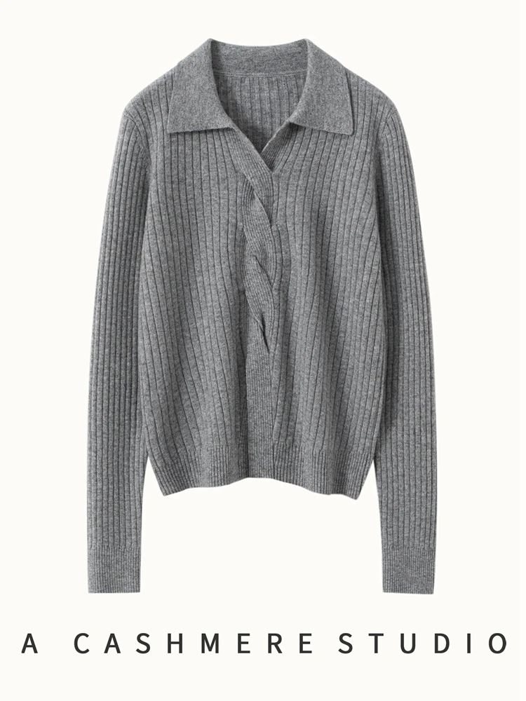 

Women Polo Collar Pullover Cashmere Sweater Twist Flower Striped Slim 100% Cashmere Knitwear Autumn Winter Office Lady Clothing