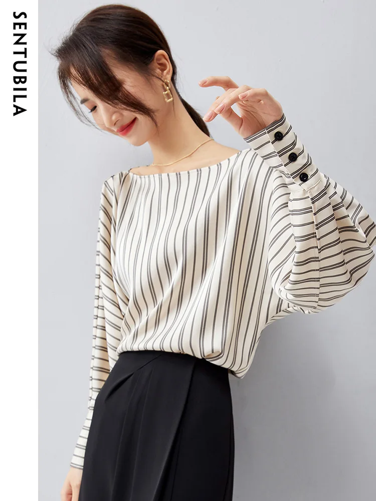 Imagem -03 - Sentubila-blusas de Chiffon Listradas para Mulheres Tops de Manga Comprida com Lanterna Solta Moda Primavera 2023