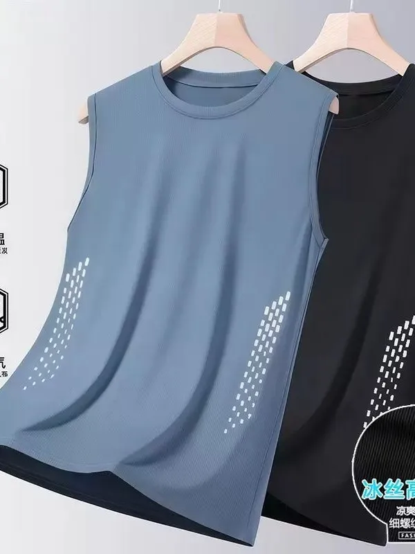 Large Size Ice Silk Vest Men's Sports Hollow out Lightweight No Sleeve T-Shirt Breathable Quick Dry Cooling Urban Style round...