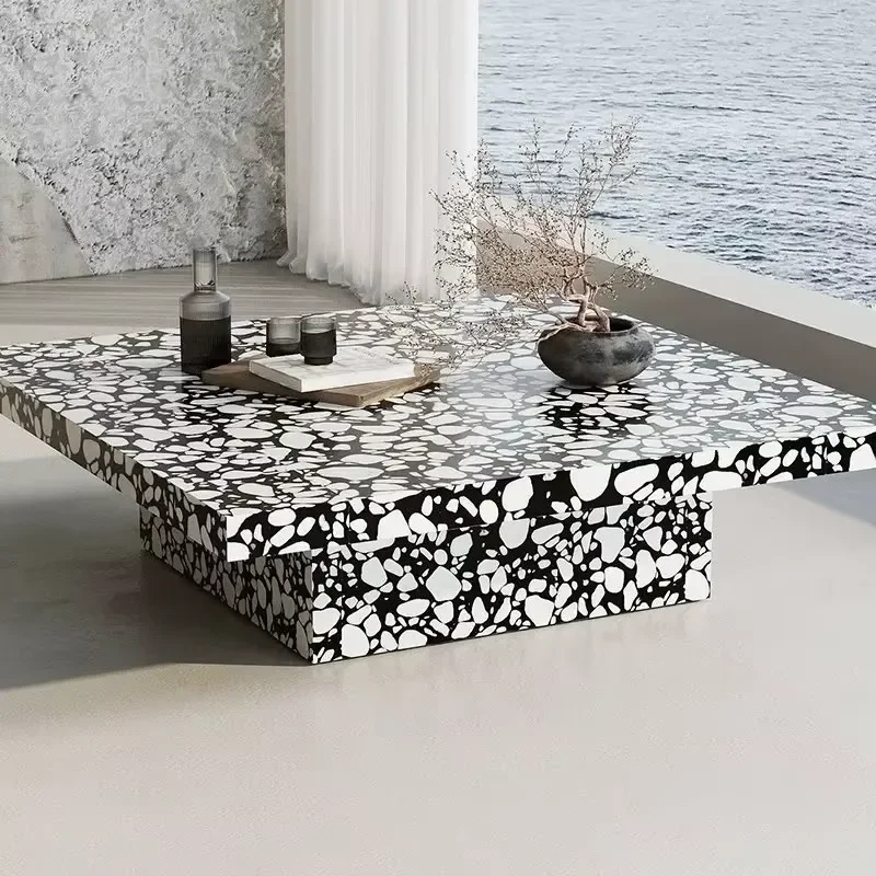 Nordic Minimalist Living Room Center Table Customized Honed Black and White square Coffee Table Terrazzo