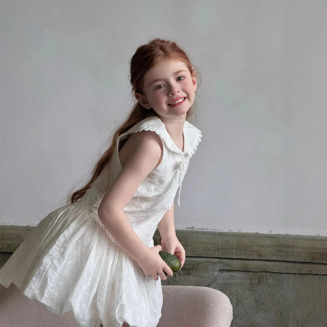 2025 Spring Summer New Children Clothing Korean Girls Bow Fresh Splicing Lace Rope Vest Flower Bud Dress