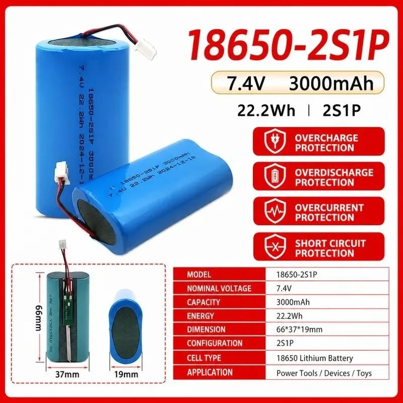 3pcs for 18650 Battery Pack 2S 7.4V Rechargeable Lithium Battery for Outdoor Audio Instrumentation Vacuum Cleaner Mite Remover