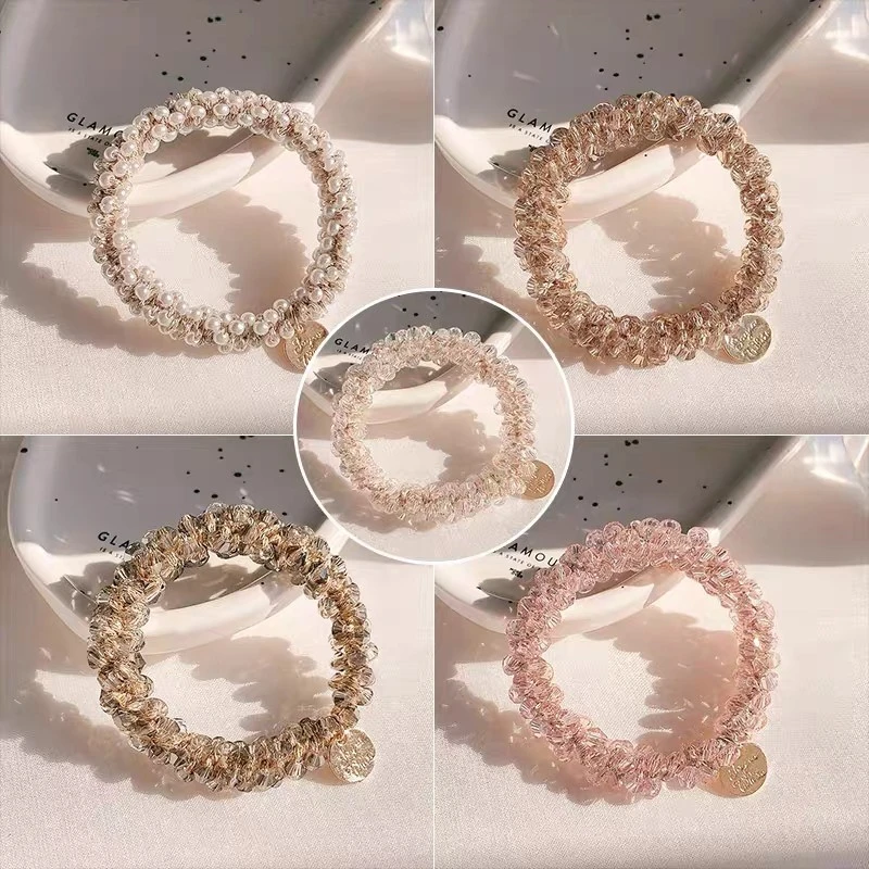 3PCS Women Crystal Pearls Hair Rope Handmade Elastic Beaded Ponytail Holders Hair Ties For Fashion Girls Hair Accessories