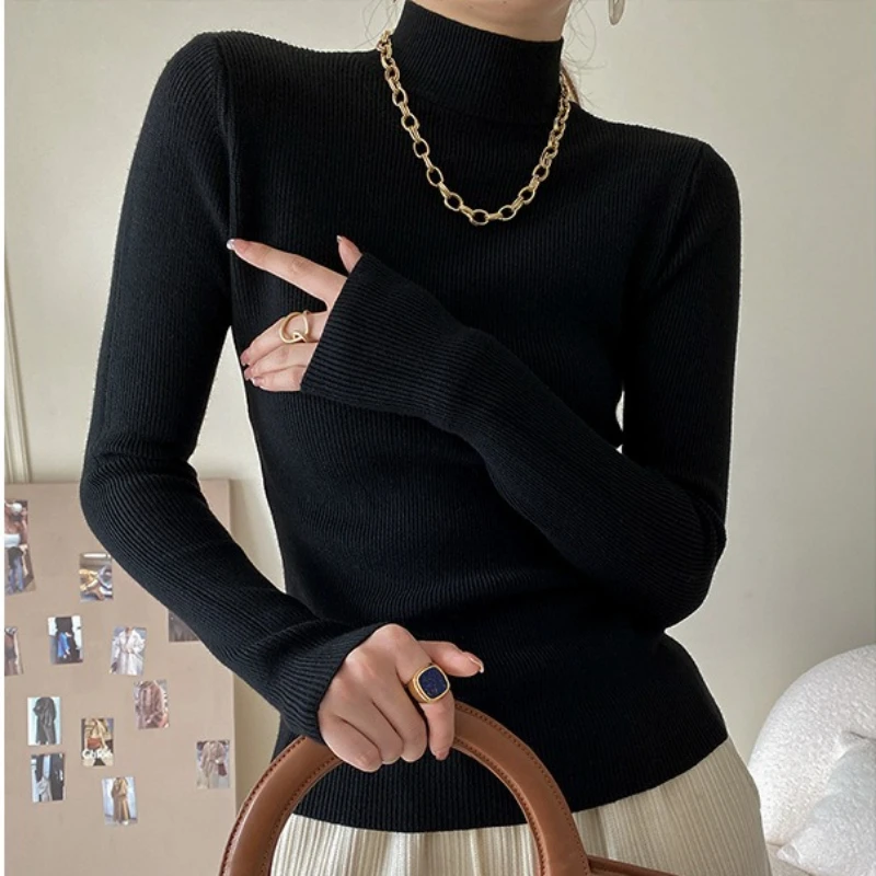 

Women Knitted Pullovers Sweaters Solid Jumpers Mock Neck Long Sleeves Slight Strech Slim Casual Office Lady 2025 Autumn Winter