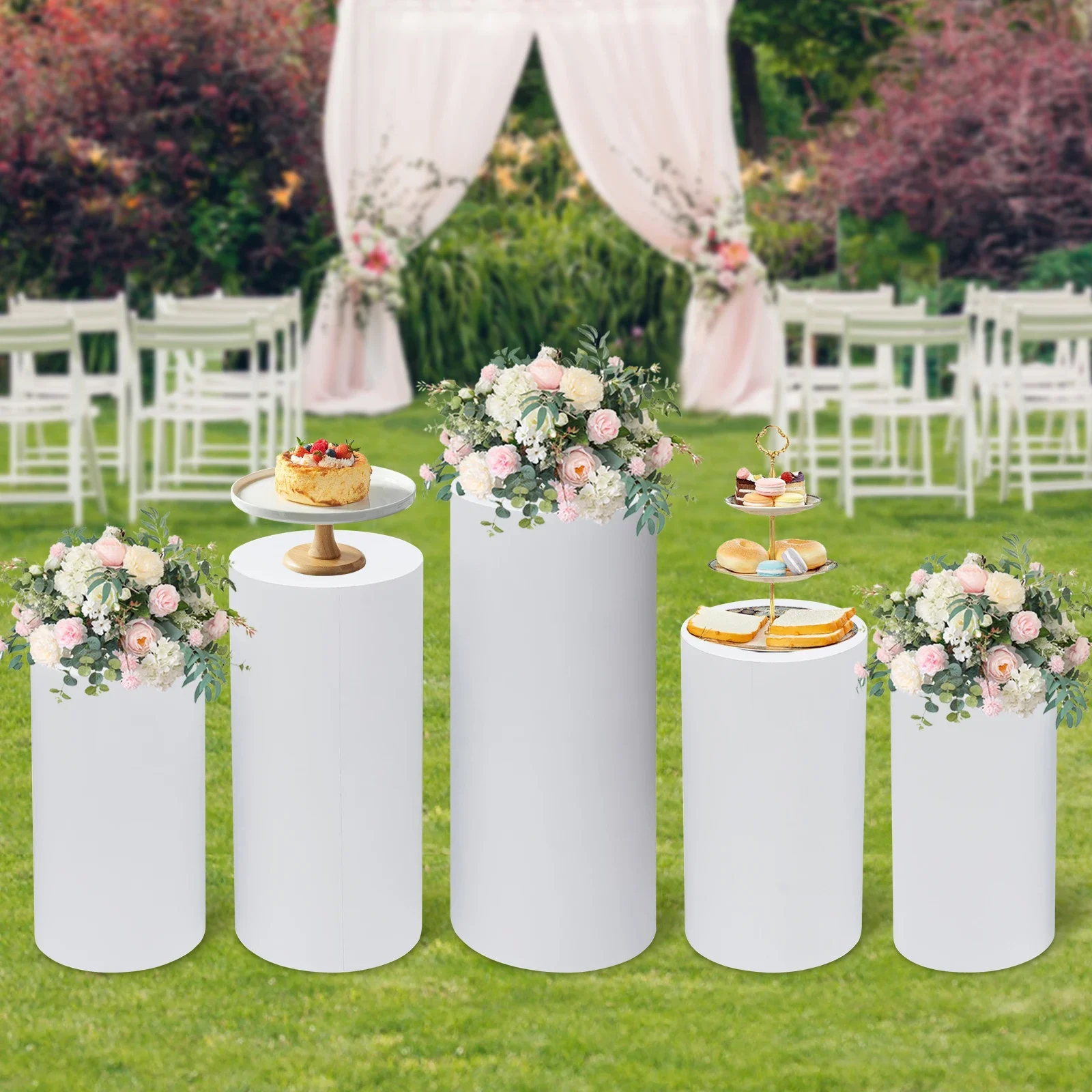 5 Columns Cylinder Metal Pedestal Stand Risers Set White Color Wedding Birthday Party Cake Flower Display Pillars White