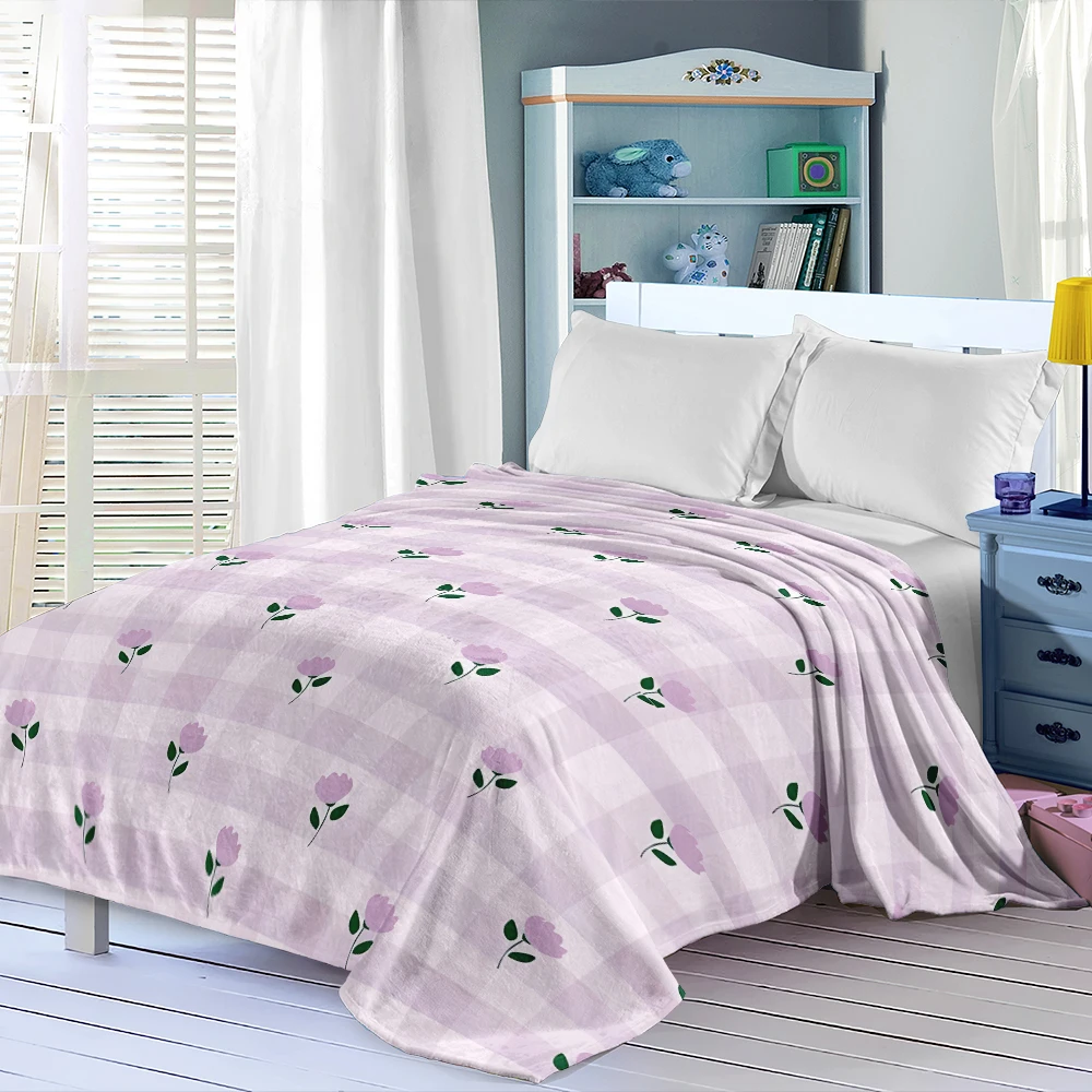 Lilac Gingham Purple Tulips Flannel Blanket Perfect For Sofa Office Bed Travel Sleep Read Relax Camping Four Season Use